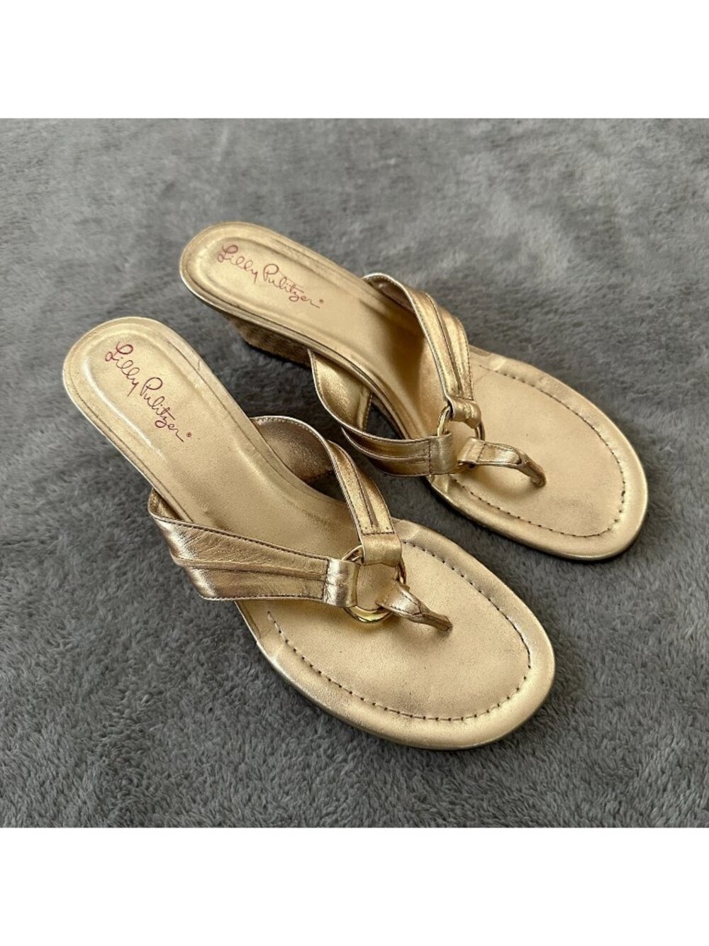 Lilly Pulitzer Gold Metallic Wedge Thong Sandals